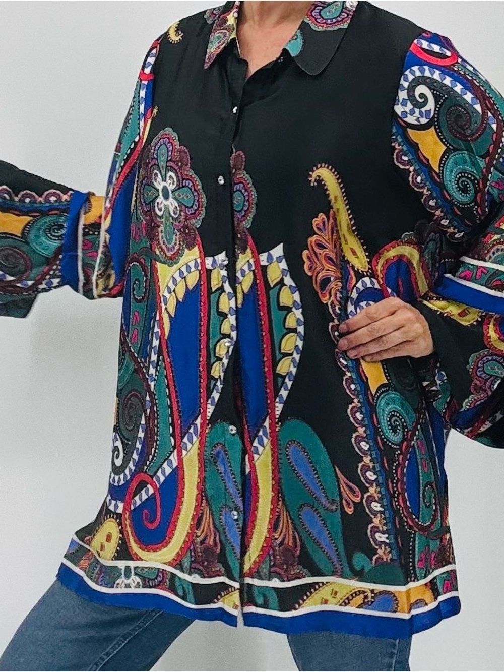 Vintage Y2K Artsy Boho Paisley Abstract Print Satin Rhinestone Tunic Top Size 1X - Picture 3 of 13